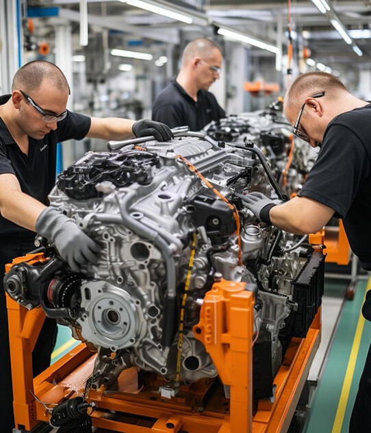 Mecánicos ensamblando motor con guantes de seguridad A518 que permiten precisión y protección