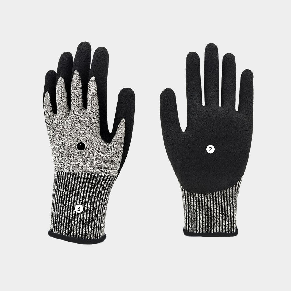 Guante de seguridad modelo A518 mostrando diseño ergonómico y superficie de nitrilo arenoso con certificación EN388 4X43D