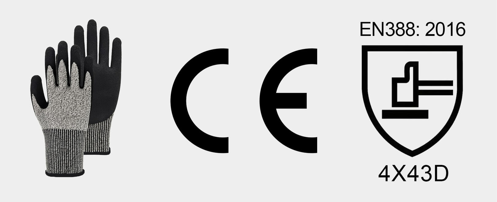 Diagrama de certificación CE EN388 4X43D mostrando niveles de corte, abrasión, desgarro y punción